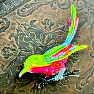 Vintage Enamel Gold Metal Tropical Bird Brooch Pin